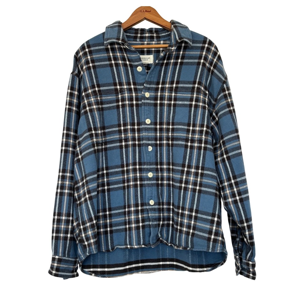 American Eagle Mens Fireside Flannel Shirt Blue Plaid Cotton Large‎ Gorpcore